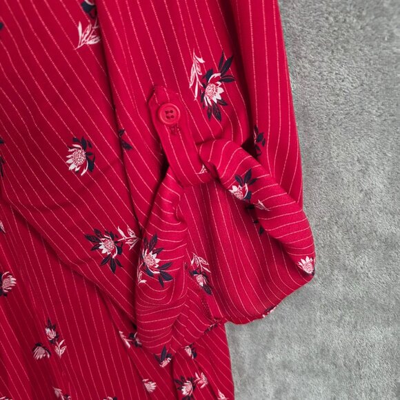 Womens Catherines Red Floral & Stripe Blouse Button Up 3/4 Roll-Tab Sleeves 6X - Picture 3 of 8